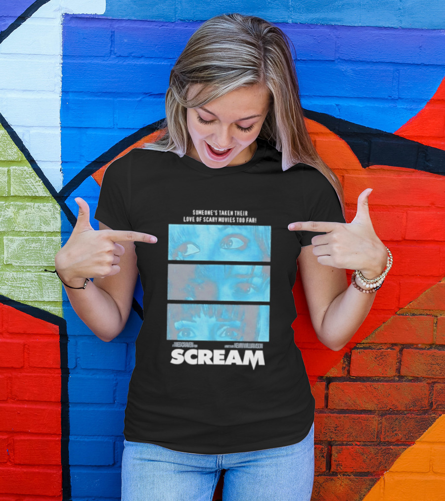 Someone's Taken Their Love Of Scary Movies Too Far Scream Eyes Dramatic Blue Panels T-Shirt