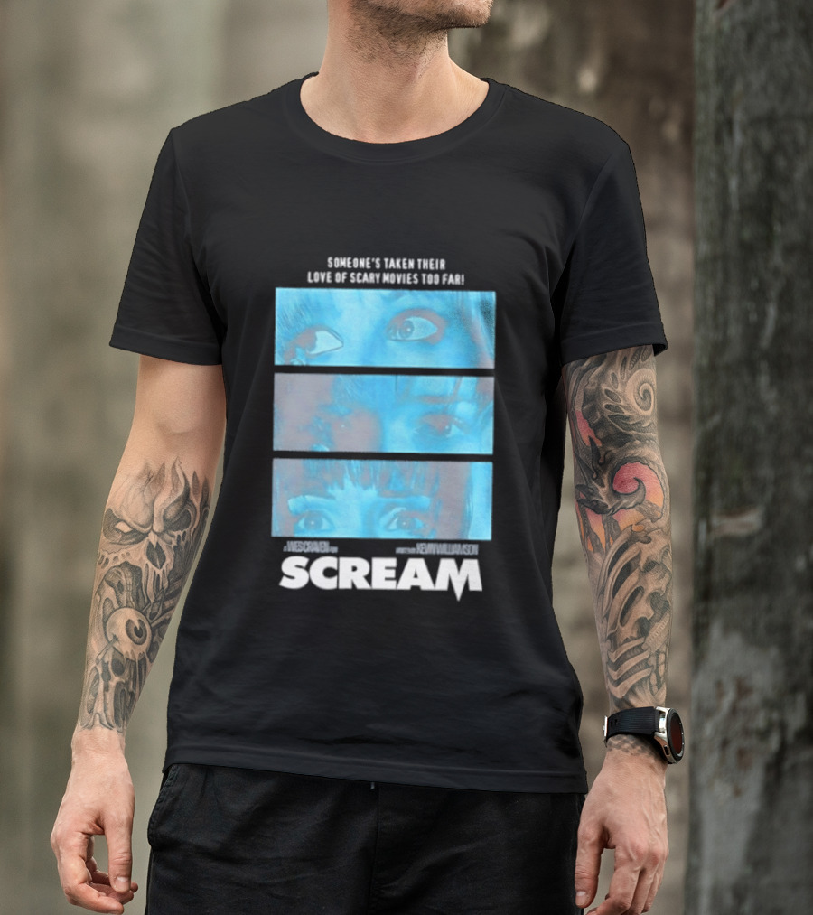 Someone's Taken Their Love Of Scary Movies Too Far Scream Eyes Dramatic Blue Panels T-Shirt
