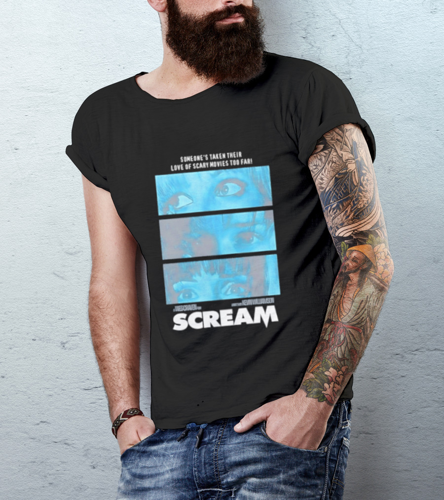 Someone's Taken Their Love Of Scary Movies Too Far Scream Eyes Dramatic Blue Panels T-Shirt