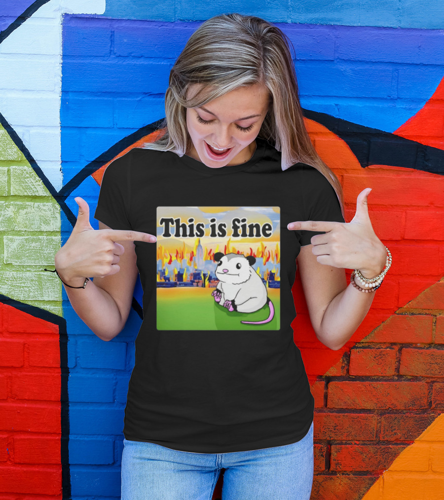 This Is Fine Opossum New York City NYC Urban Skyline Flames T-Shirt
