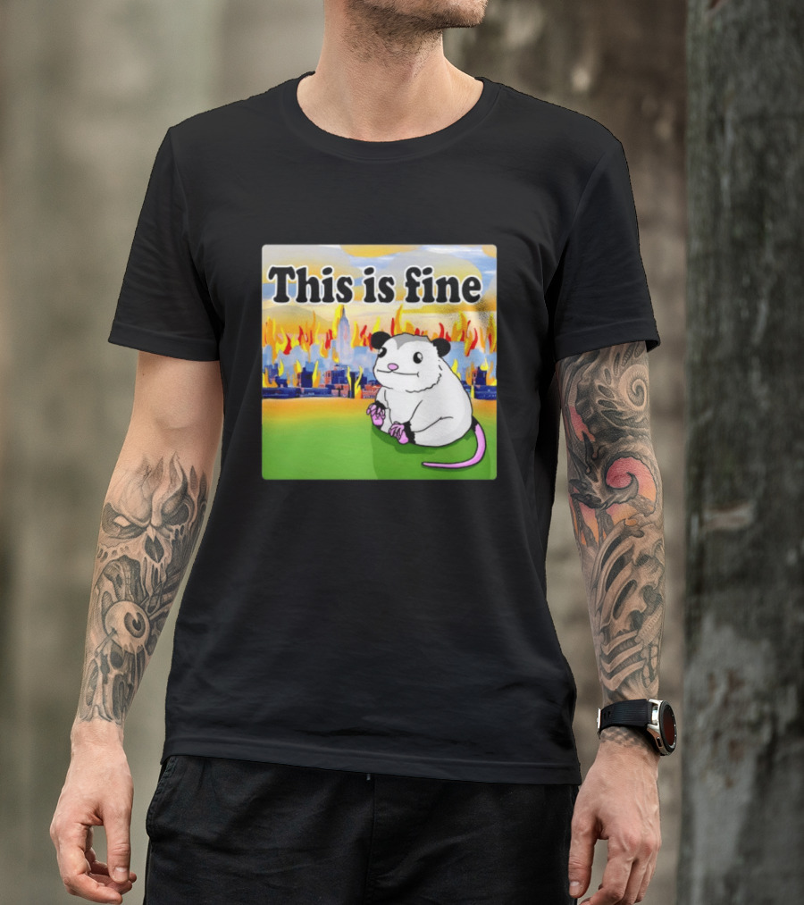 This Is Fine Opossum New York City NYC Urban Skyline Flames T-Shirt