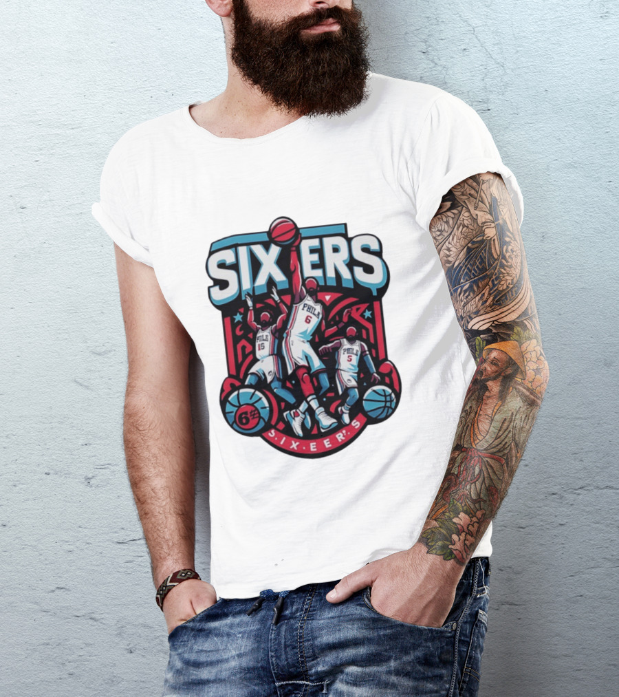 Philadelphia Sixers 2026 NBA Collage Featuring Number 6 Phila Basketball Player T-Shirt