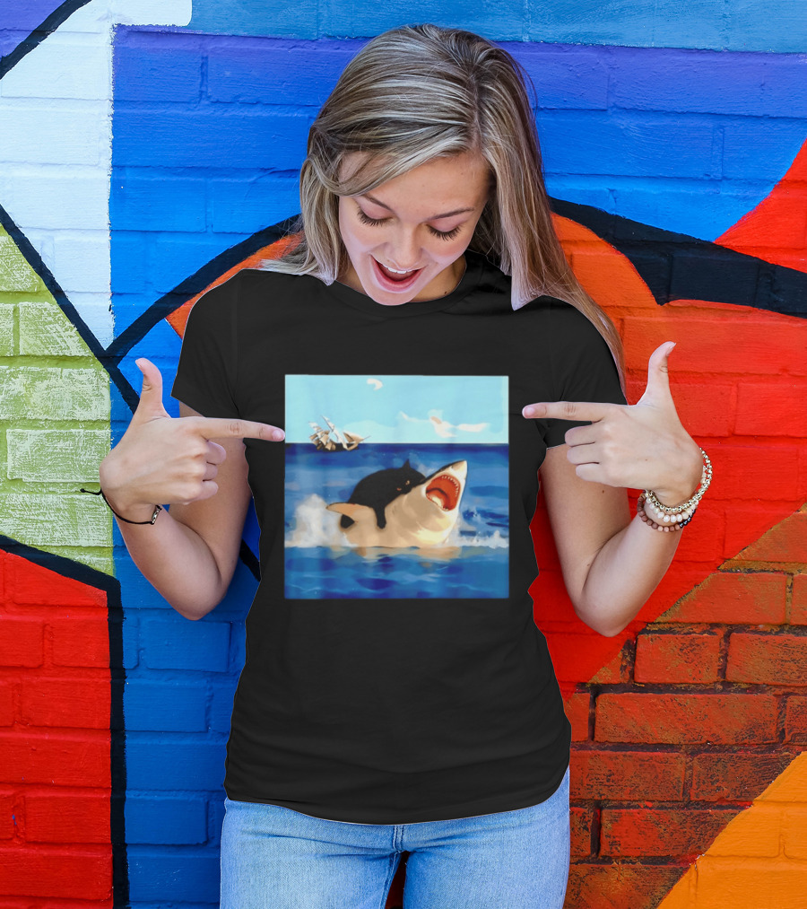 Black Cat Riding Great White Shark With Ocean And Sailing Ship T-Shirt