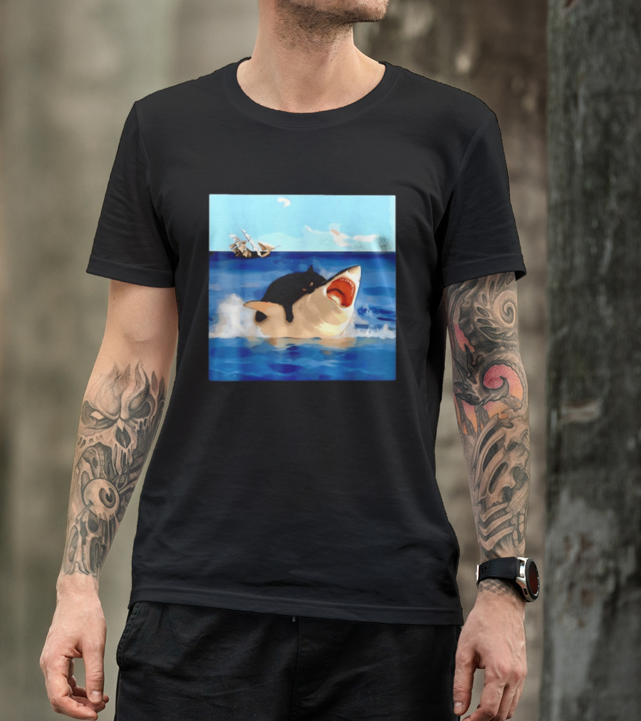 Black Cat Riding Great White Shark With Ocean And Sailing Ship T-Shirt