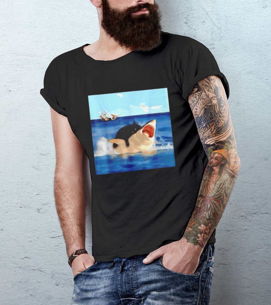 Black Cat Riding Great White Shark With Ocean And Sailing Ship T-Shirt
