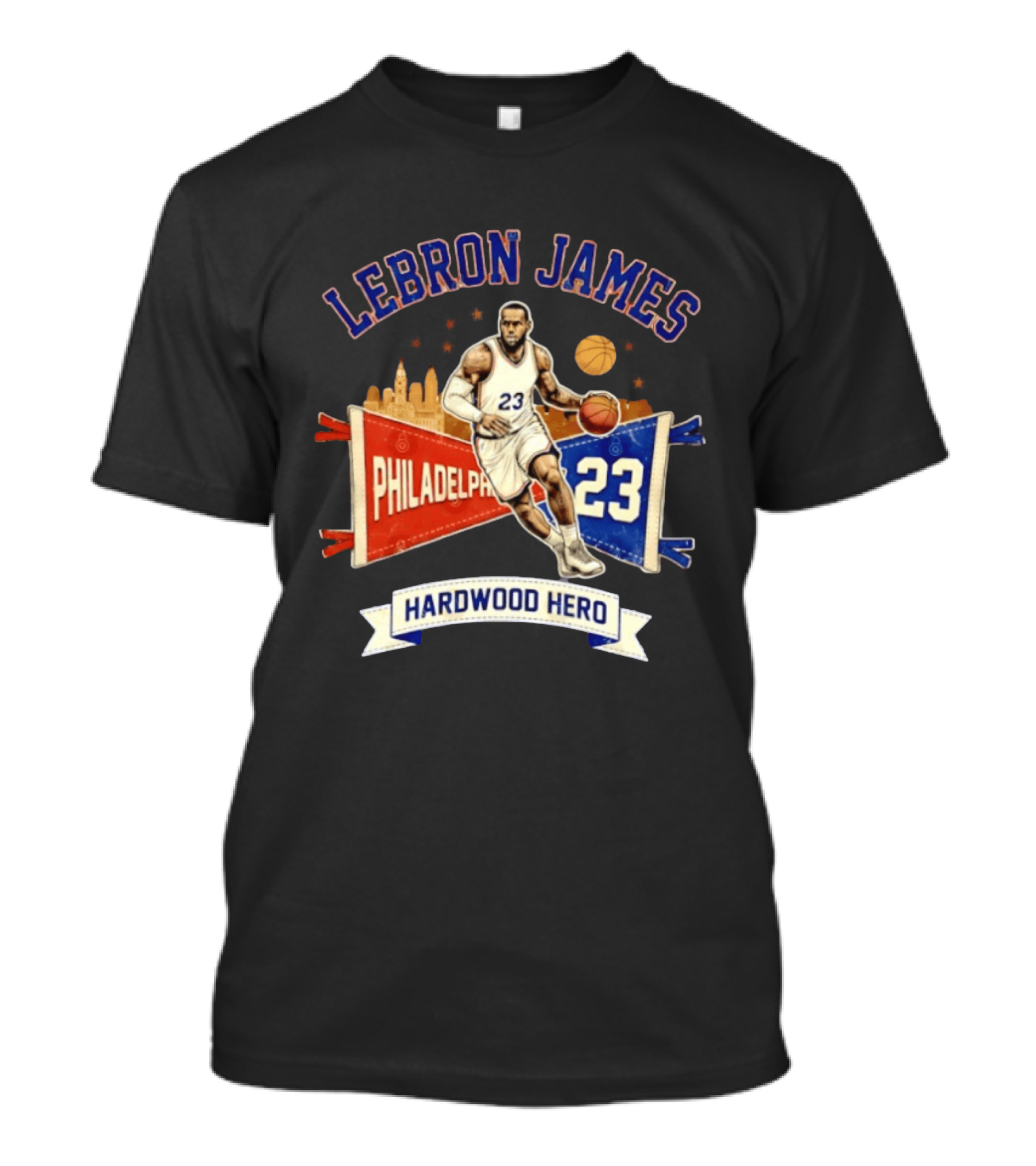 LeBron James 23 Philadelphia Basketball Skyline Hardwood Hero T-Shirt