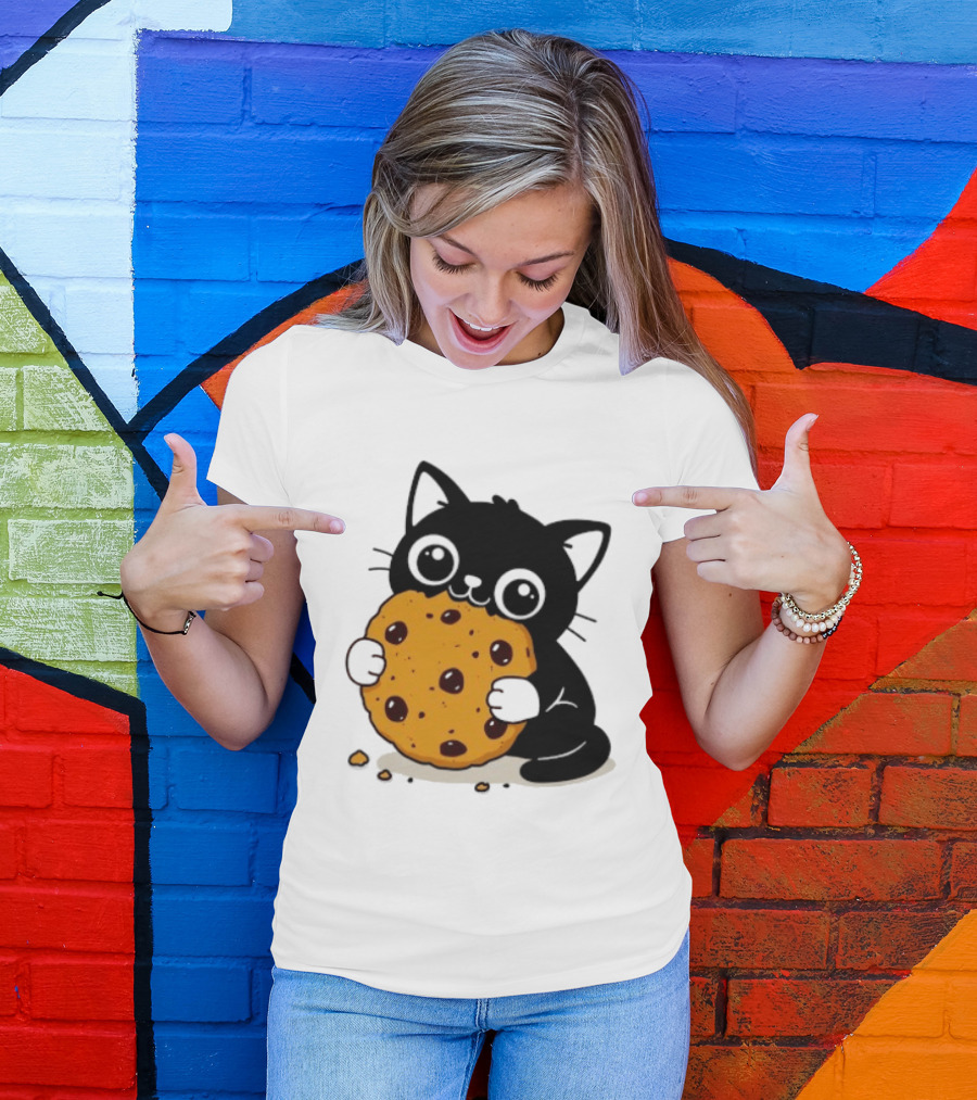 Black Cat Holding Chocolate Chip Cookie T-Shirt
