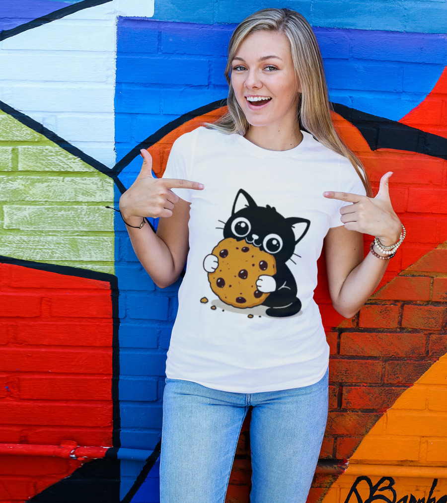 Black Cat Holding Chocolate Chip Cookie T-Shirt