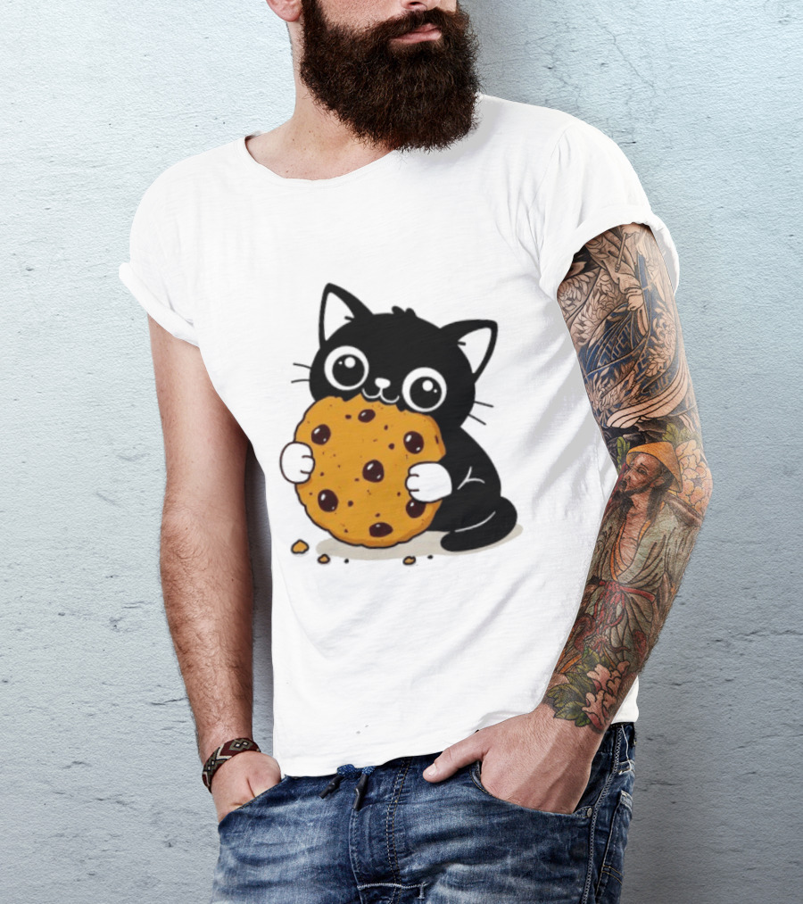 Black Cat Holding Chocolate Chip Cookie T-Shirt