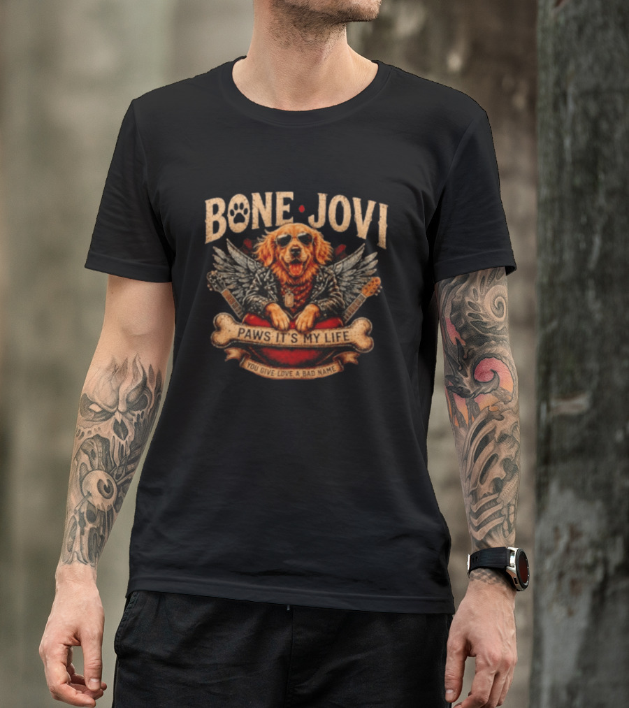 Bone Jovi Paws It's My Life You Give Love A Bad Name Golden Retriever Wings Guitar T-Shirt