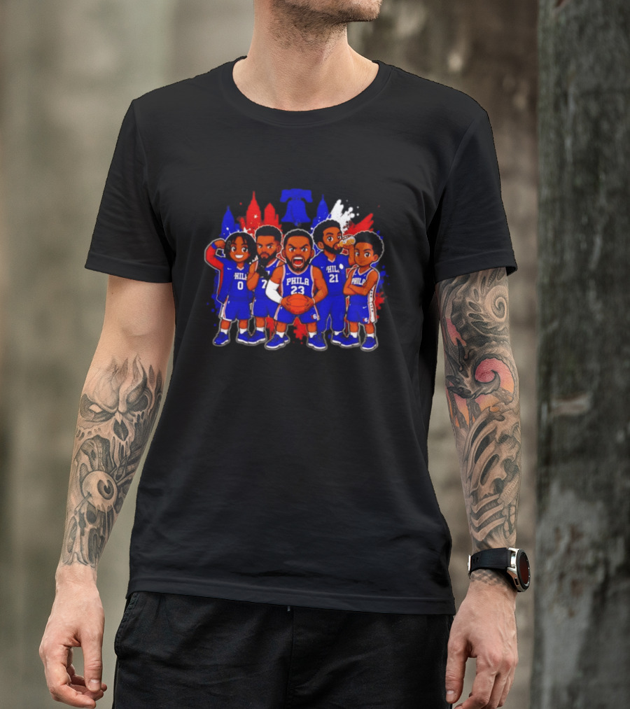 Philadelphia 76ers Cartoon Players With Liberty Bell Skyline T-Shirt