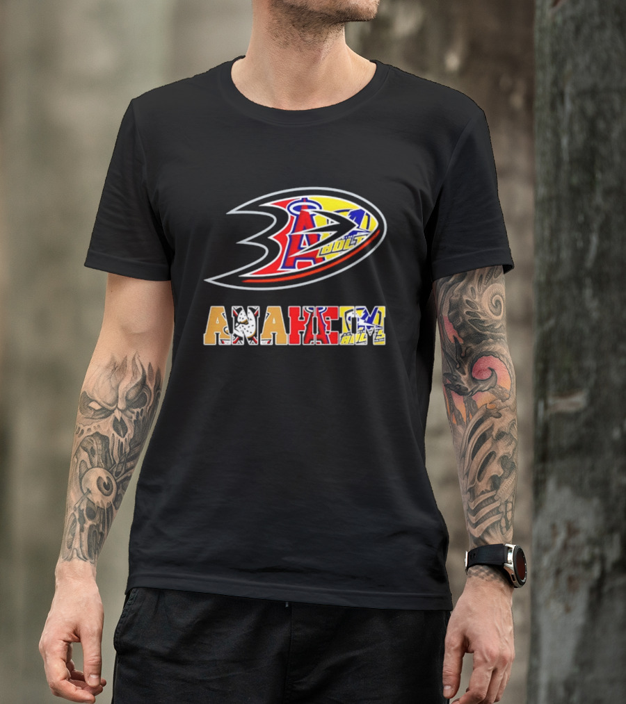 Anaheim Ducks Los Angeles Angels Anaheim Bolts Collage Anaheim Text And Logos T-Shirt