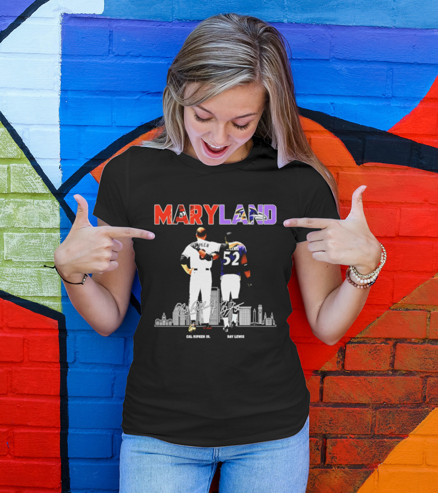 Maryland Cal Ripken Jr 8 Baltimore Orioles Ray Lewis 52 Baltimore Ravens Skyline T-Shirt