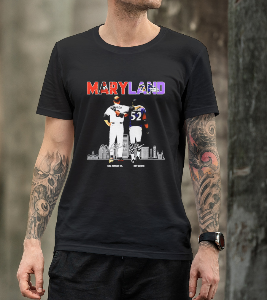 Maryland Cal Ripken Jr 8 Baltimore Orioles Ray Lewis 52 Baltimore Ravens Skyline T-Shirt