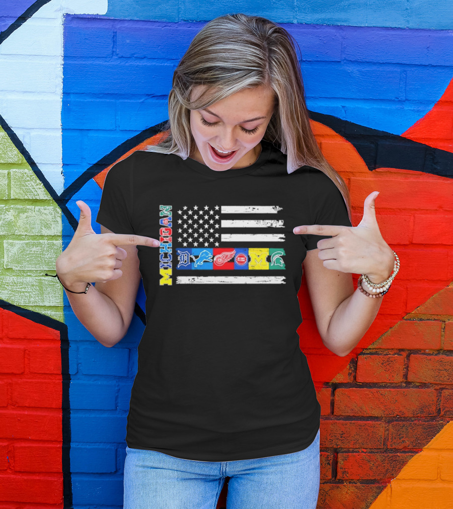 Michigan Detroit Tigers Lions Red Wings Pistons Wolverines Spartans Flag Sports Team Pride T-Shirt