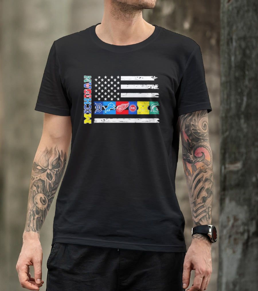 Michigan Detroit Tigers Lions Red Wings Pistons Wolverines Spartans Flag Sports Team Pride T-Shirt