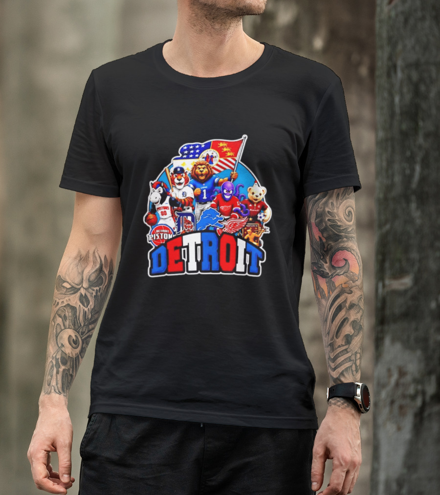 Detroit Lions Tigers Pistons Red Wings Mascots With Flag T-Shirt