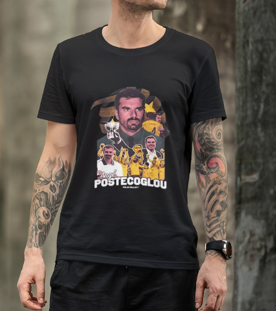 Ange Postecoglou Celebratory Moments With Trophy And Team T-Shirt
