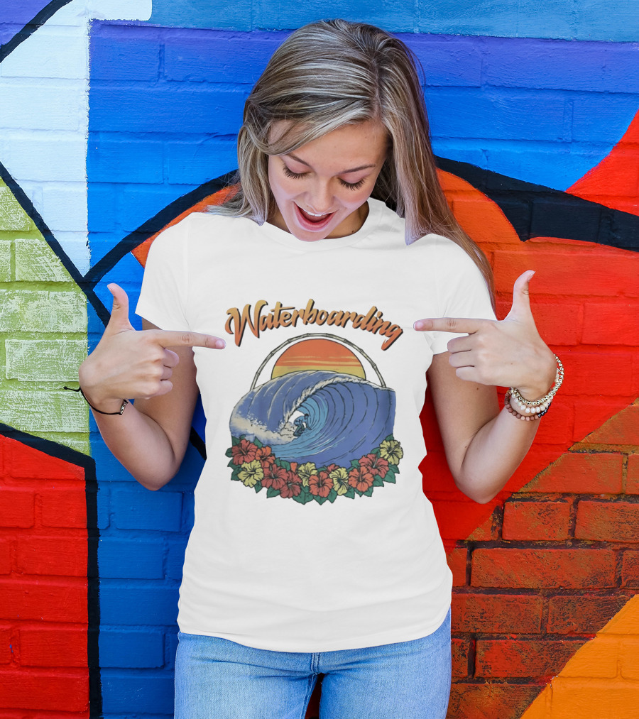 Waterboarding Surfing Tropical Hibiscus Flower Sunset Wave T-Shirt