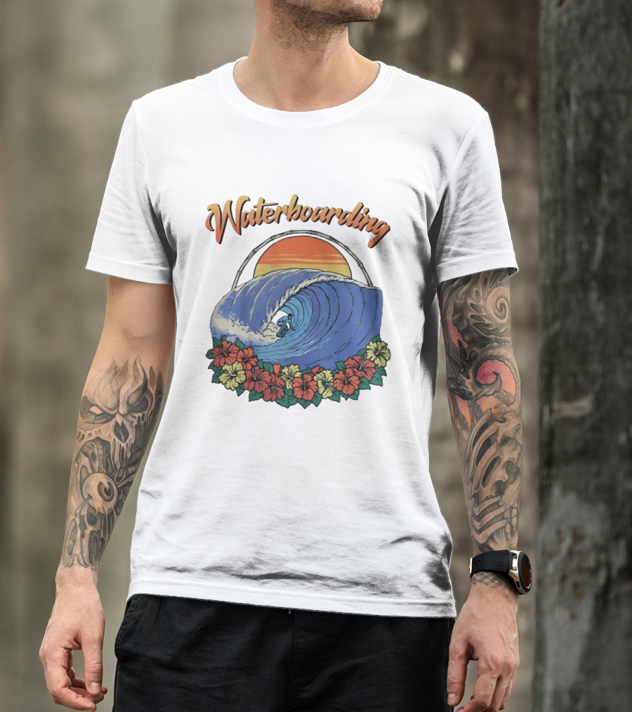 Waterboarding Surfing Tropical Hibiscus Flower Sunset Wave T-Shirt