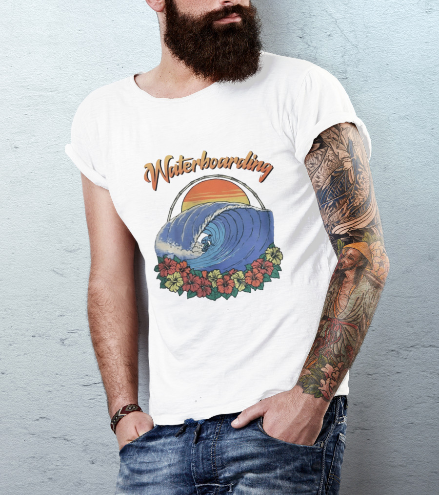 Waterboarding Surfing Tropical Hibiscus Flower Sunset Wave T-Shirt