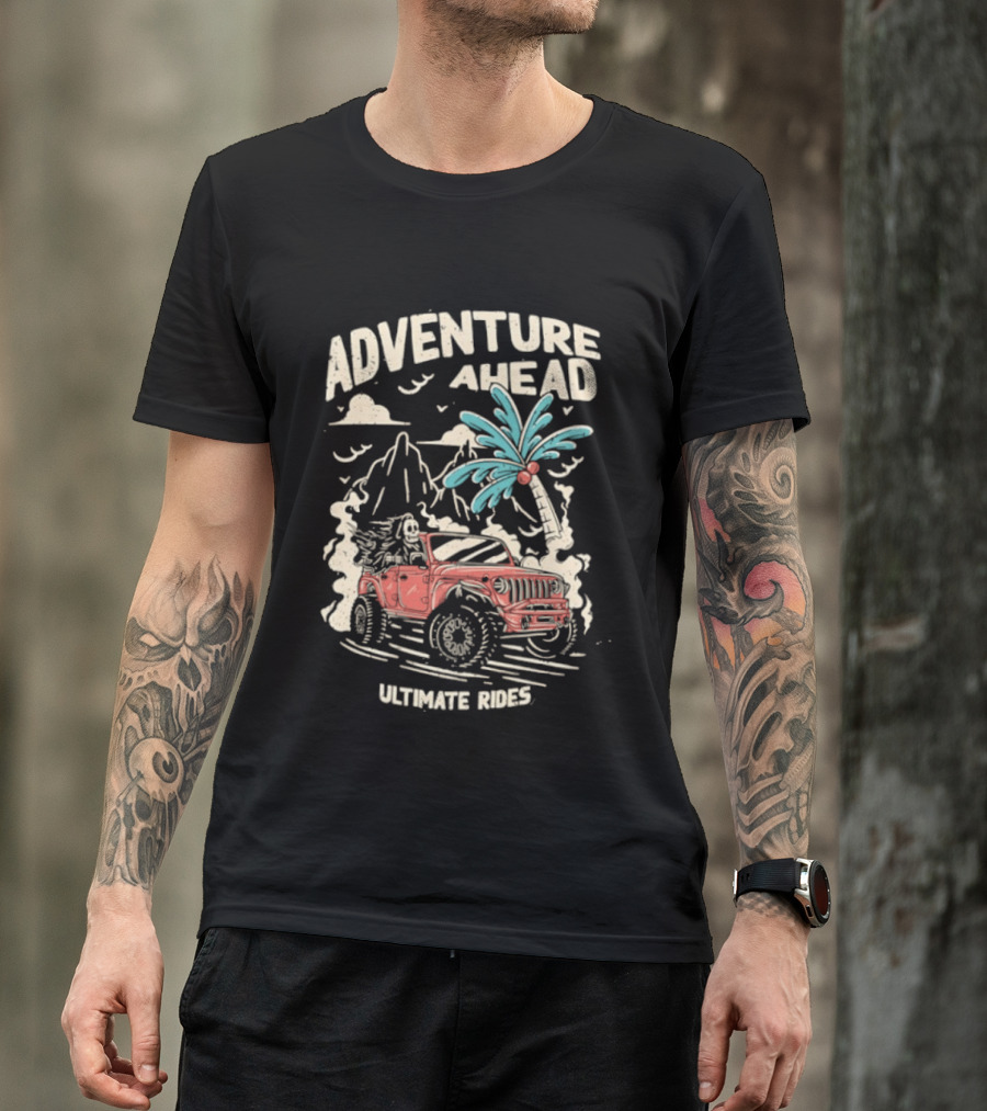 Adventure Ahead Ultimate Rides Jeep Beach Palm Trees Mountain T-Shirt