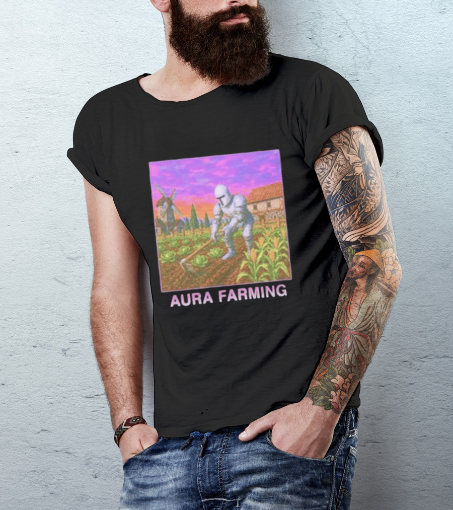 Aura Farming Knight Medieval Meme Windmill Crops Cabbage Garden T-Shirt