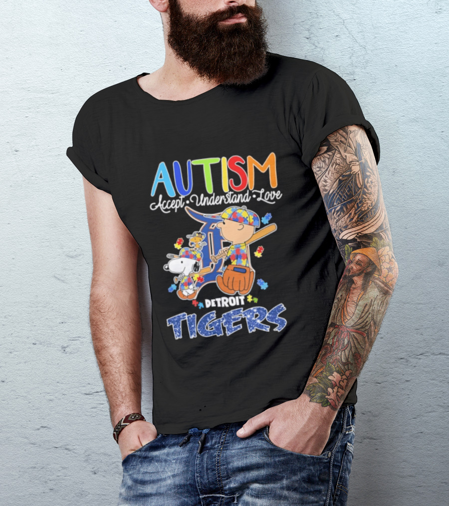 Autism Accept Understand Love Snoopy Charlie Brown Detroit Tigers T-Shirt