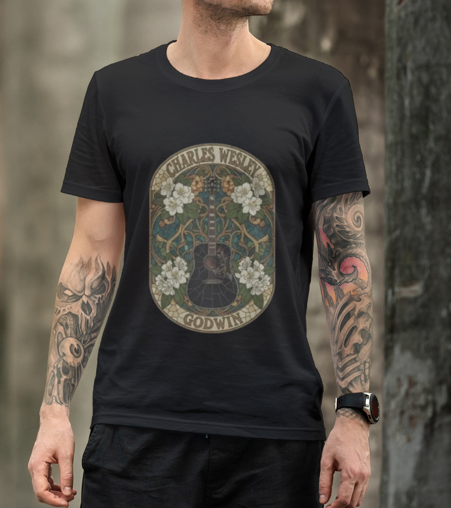 Charles Wesley Godwin Guitar Floral Art Nouveau Style With White Flowers T-Shirt