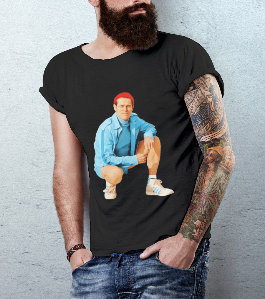 Klaus Willem Dafoe Retro Style With Red Beanie And Blue Tracksuit T-Shirt