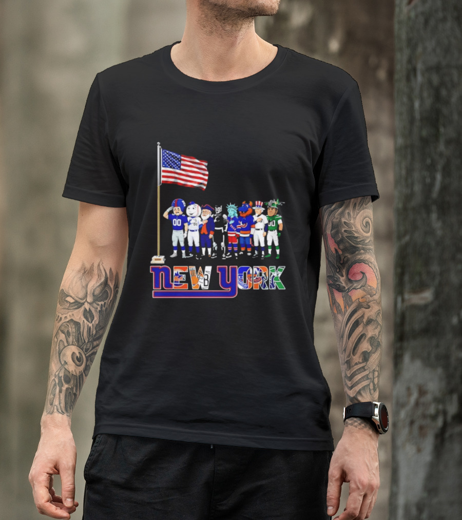 New York Sports Teams Mascots American Flag Giants Yankees Mets Rangers Knicks Jets T-Shirt