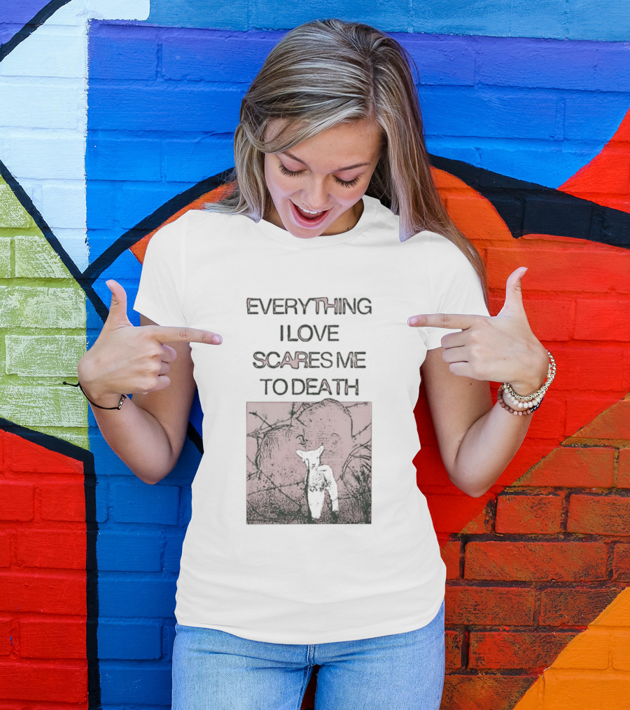 Everything I Love Scares Me To Death Existential Dread Sheep On Red T-Shirt