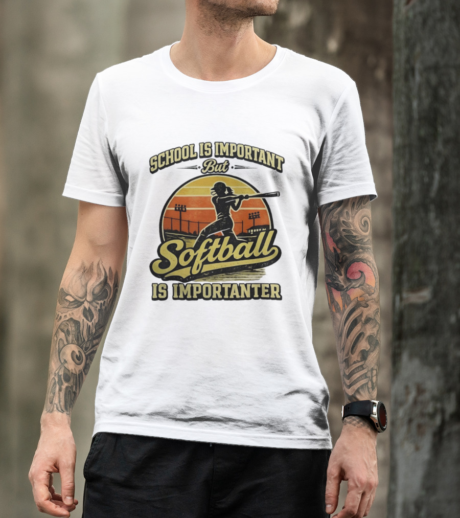 School Is Important But Softball Is Importanter Retro Silhouette Batter T-Shirt