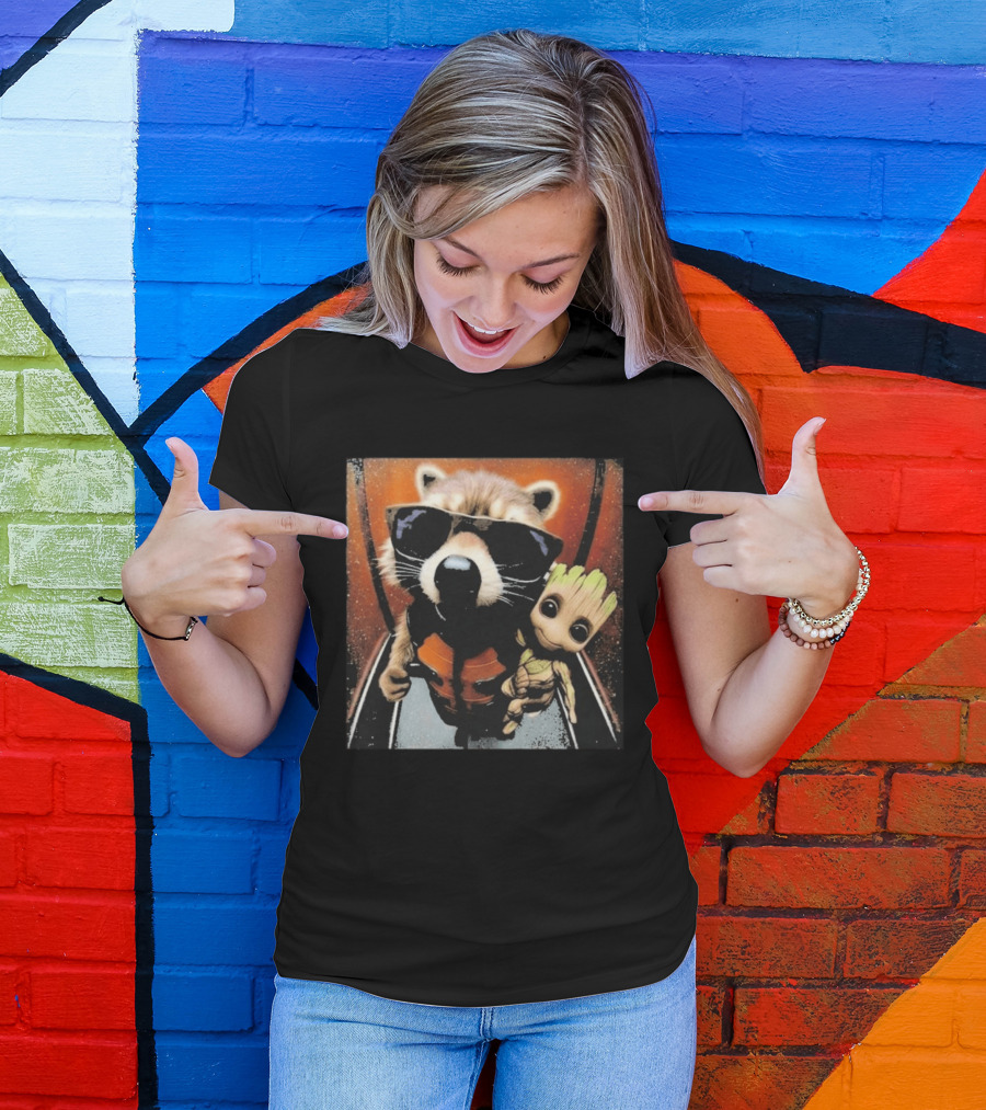 John Bates Raccoon And Baby Tree Alien With Sunglasses And Orange Suit T-Shirt