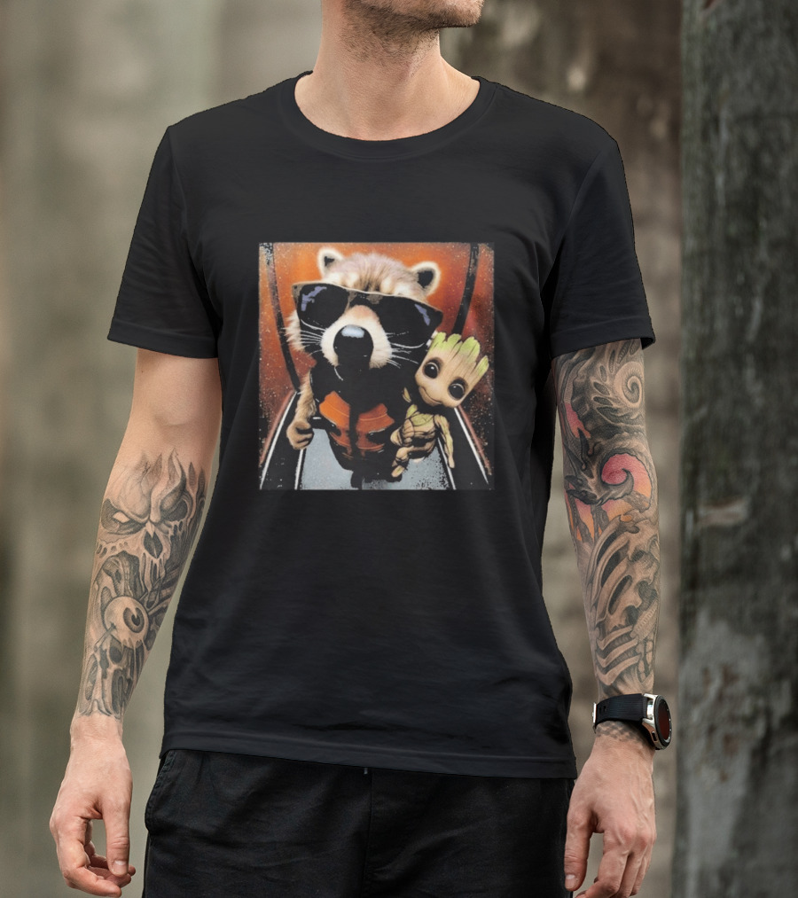 John Bates Raccoon And Baby Tree Alien With Sunglasses And Orange Suit T-Shirt