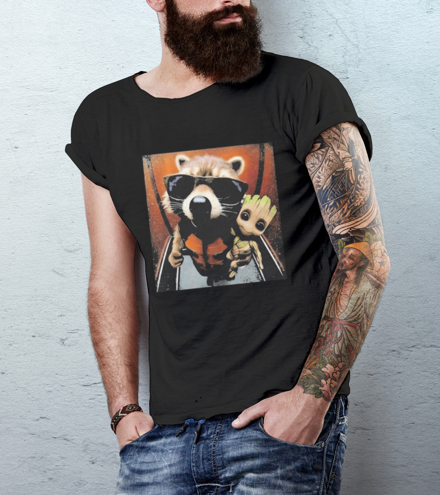 John Bates Raccoon And Baby Tree Alien With Sunglasses And Orange Suit T-Shirt