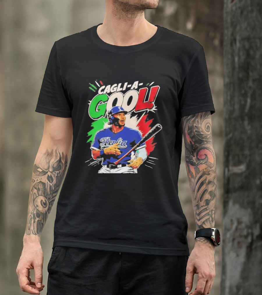 Cagli A Gool Italia Baseball Player Hitter With Italian Flag T-Shirt