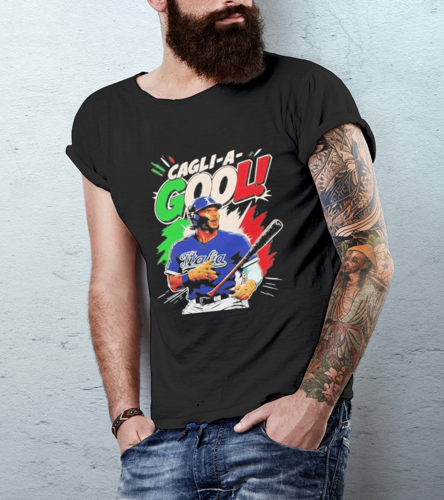 Cagli A Gool Italia Baseball Player Hitter With Italian Flag T-Shirt