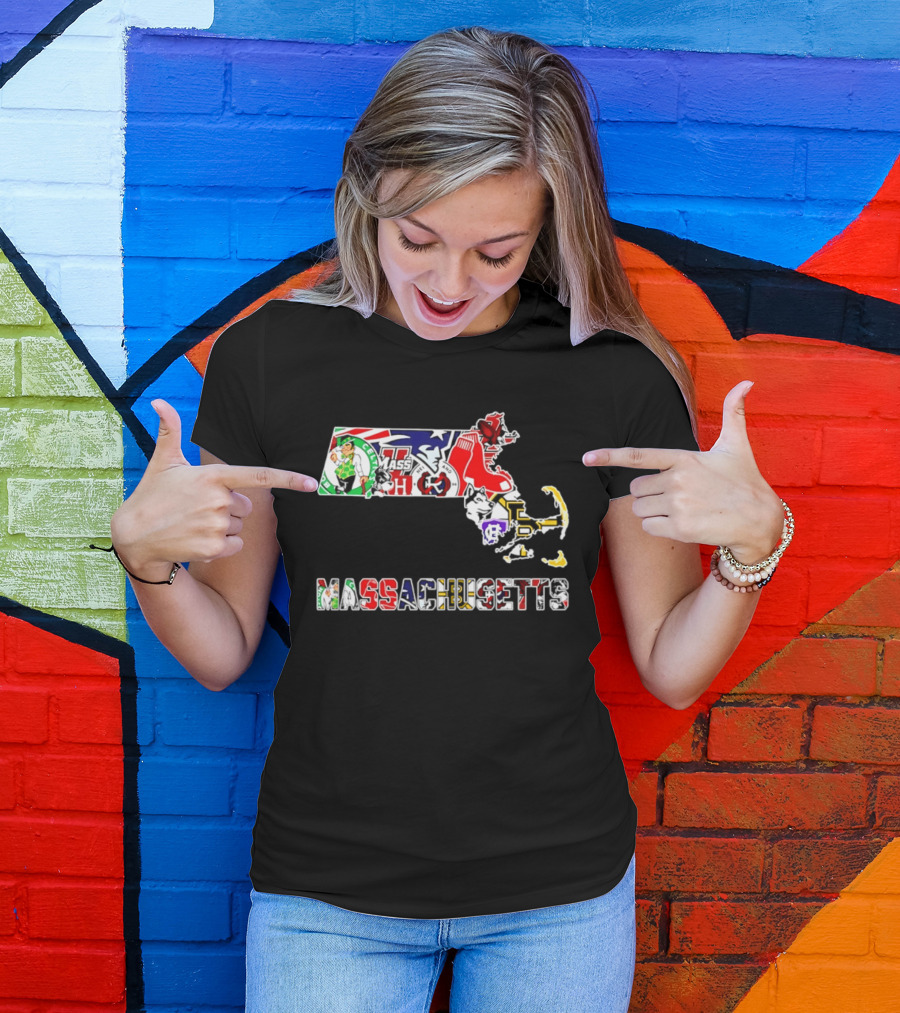 Massachusetts Sports Teams Collage Map Celtics Patriots Red Sox Bruins Revolution T-Shirt