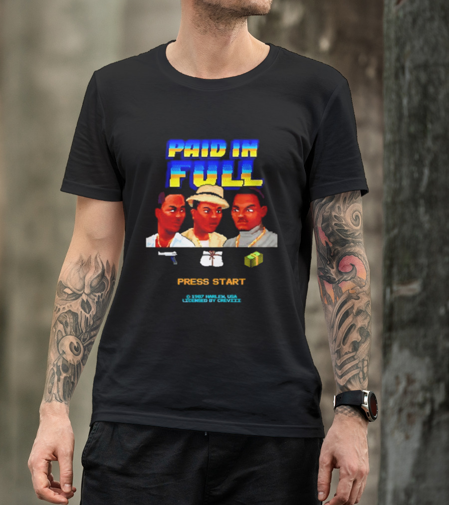 Paid In Full Press Start 1987 Harlem USA Three Figures With Hat Necklace And Gun T-Shirt