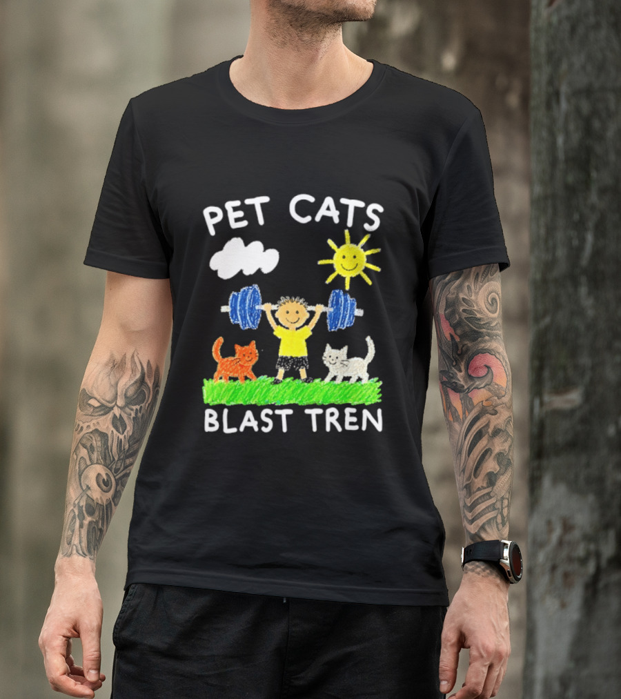 Pet Cats Blast Tren Bodybuilding Gym Child With Weights Sun And Clouds T-Shirt