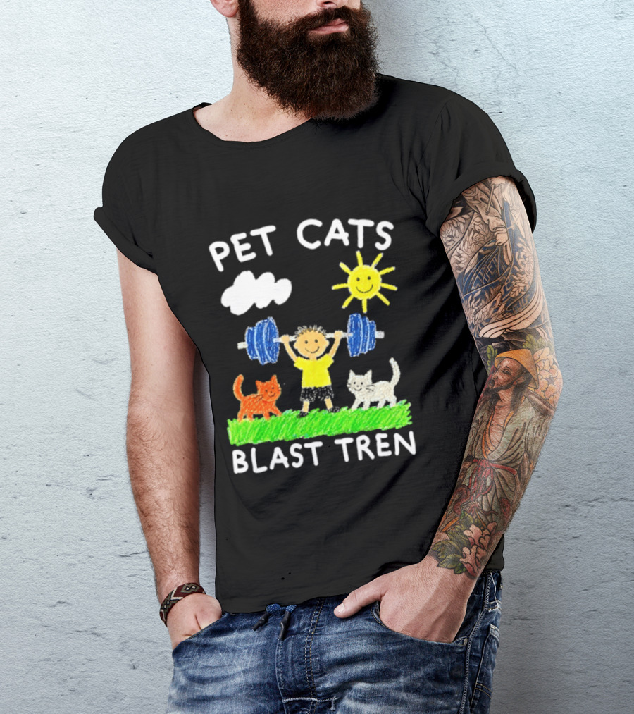 Pet Cats Blast Tren Bodybuilding Gym Child With Weights Sun And Clouds T-Shirt