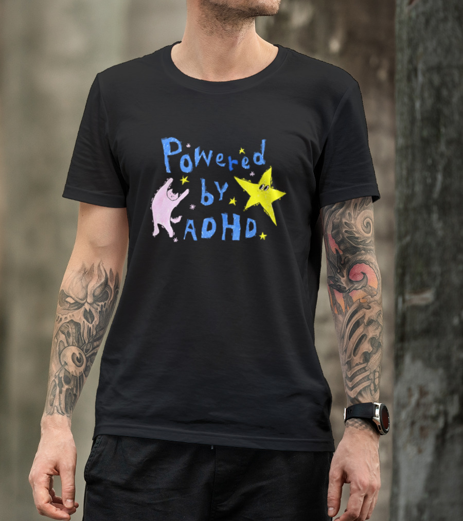 Powered By ADHD Neurodivergent Star And Cat With Yellow Stars T-Shirt