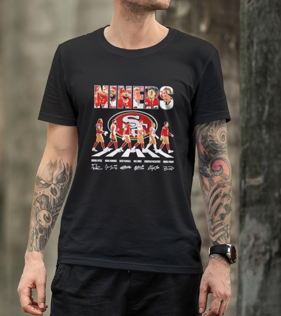 San Francisco 49ers George Kittle Jauan Jennings Ricky Pearsall Mac Jones Christian McCaffrey NINERS Walk NFL Legends Signatures T-Shirt