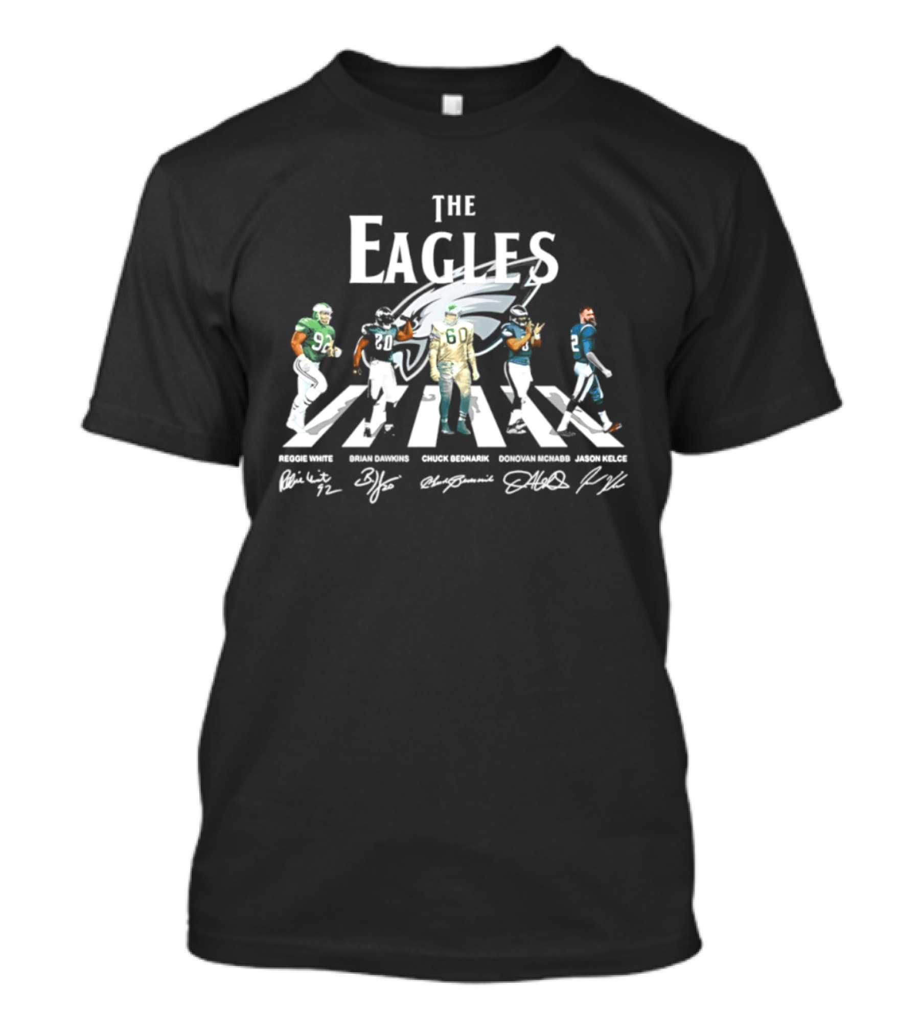 The Eagles Reggie White Brian Dawkins Chuck Bednarik Donovan McNabb Jason Kelce Philadelphia Eagles Signatures Abbey Road Crosswalk T-Shirt
