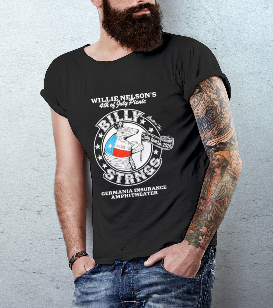 Willie Nelson's 4th Of July Picnic Billy Strings Germania Insurance Amphitheater Texas Flag Guitar T-Shirt