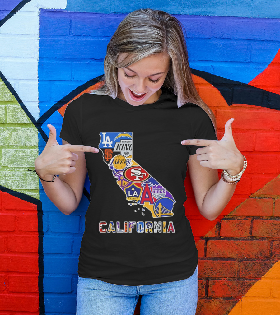 California Map Collage With 49ers Lakers Kings Giants Angels Dodgers Logos 2026 T-Shirt