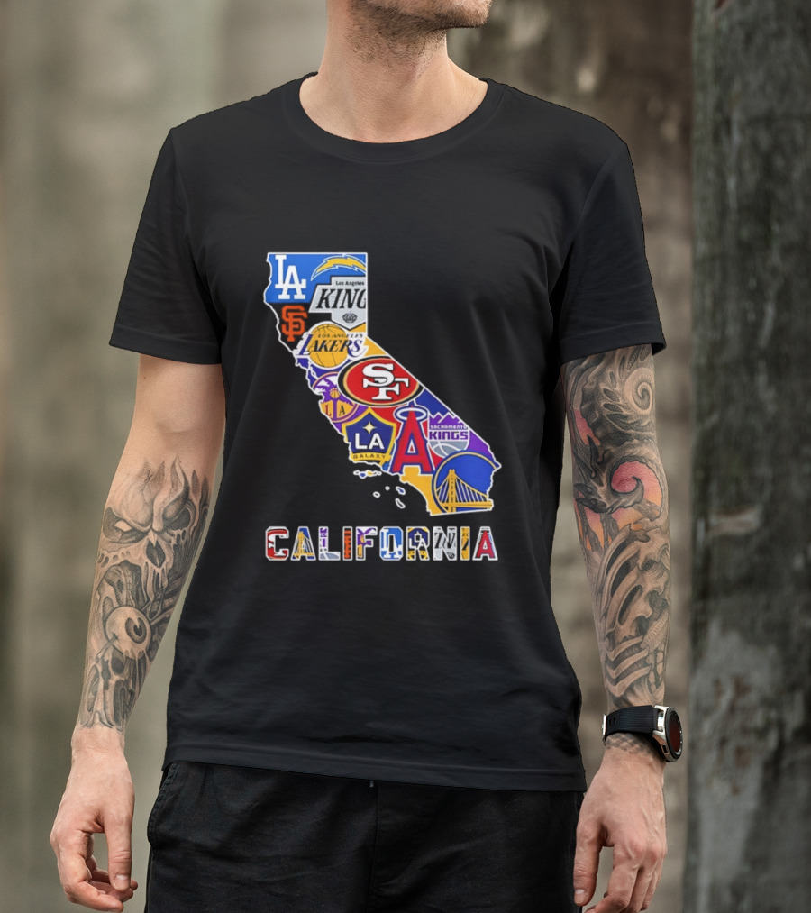 California Map Collage With 49ers Lakers Kings Giants Angels Dodgers Logos 2026 T-Shirt