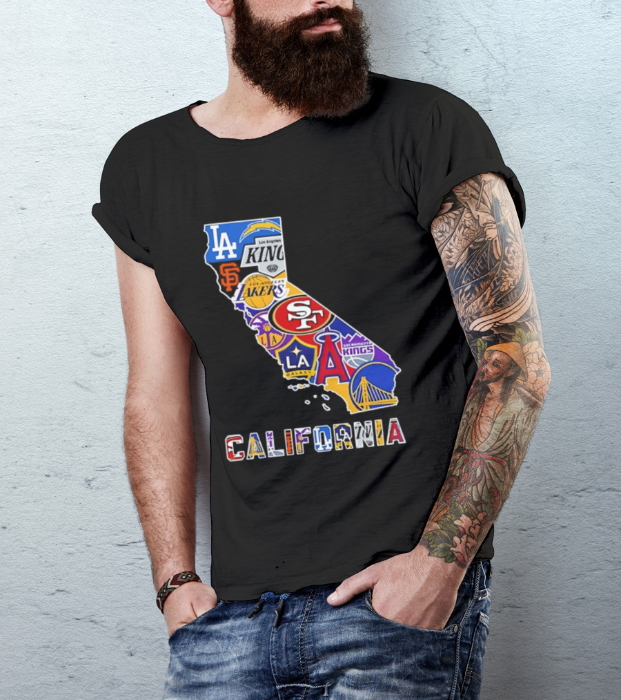 California Map Collage With 49ers Lakers Kings Giants Angels Dodgers Logos 2026 T-Shirt