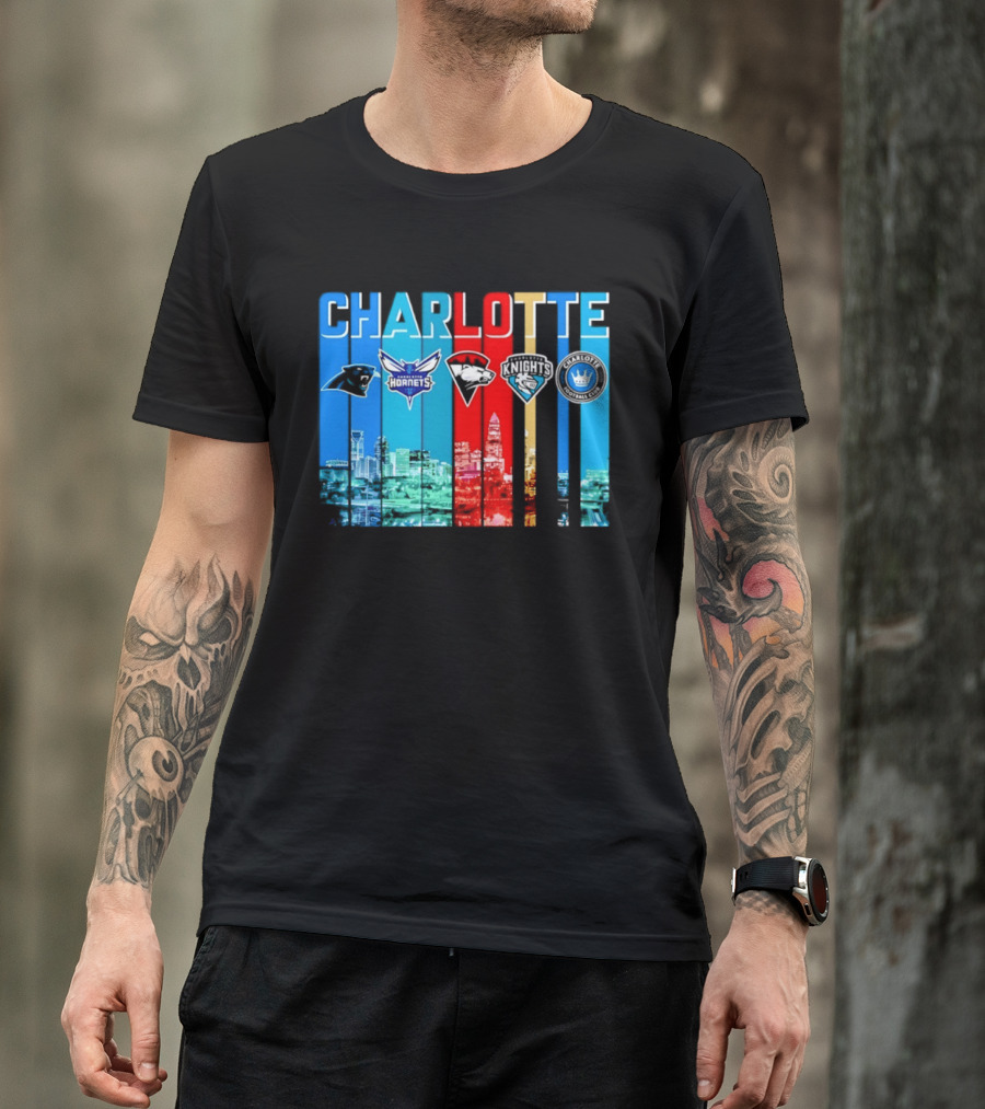 Charlotte Panthers Hornets Knights City Skyline Sports Team Logos T-Shirt